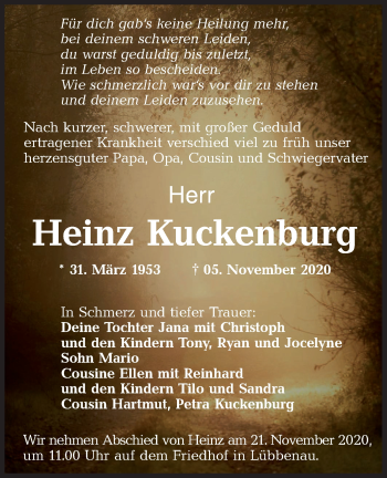 Traueranzeige von Heinz Kuckenburg von lausitzer_rundschau