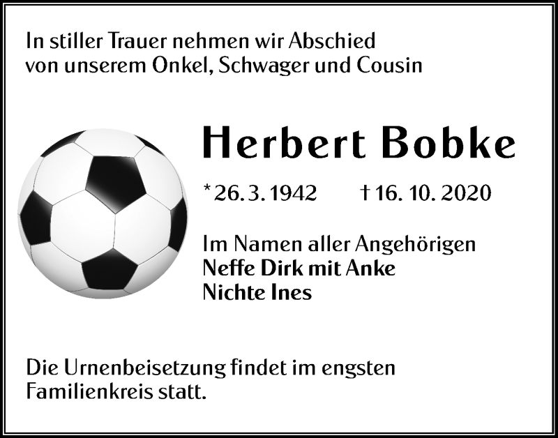  Traueranzeige für Herbert Bobke vom 07.11.2020 aus lausitzer_rundschau