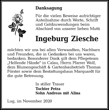 Traueranzeige von Ingeburg Ziesche von lausitzer_rundschau