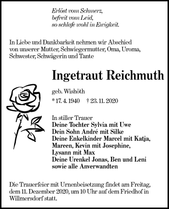 Traueranzeige von Ingetraut Reichmuth von lausitzer_rundschau