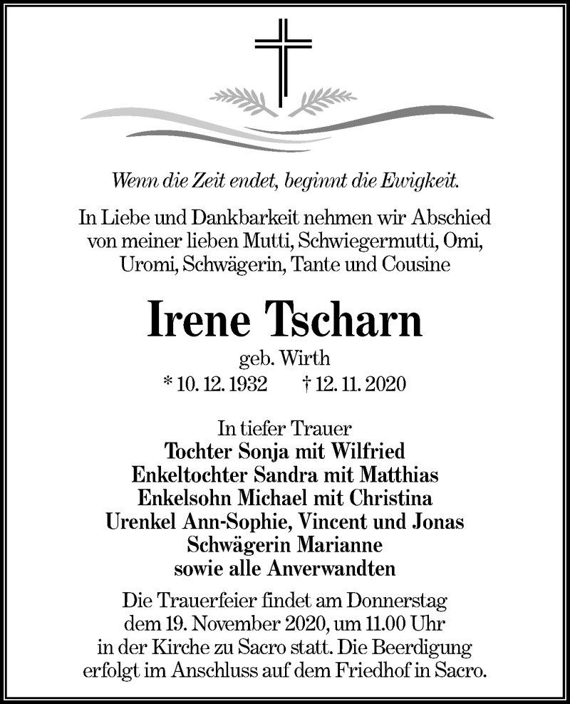  Traueranzeige für Irene Tscharn vom 17.11.2020 aus lausitzer_rundschau