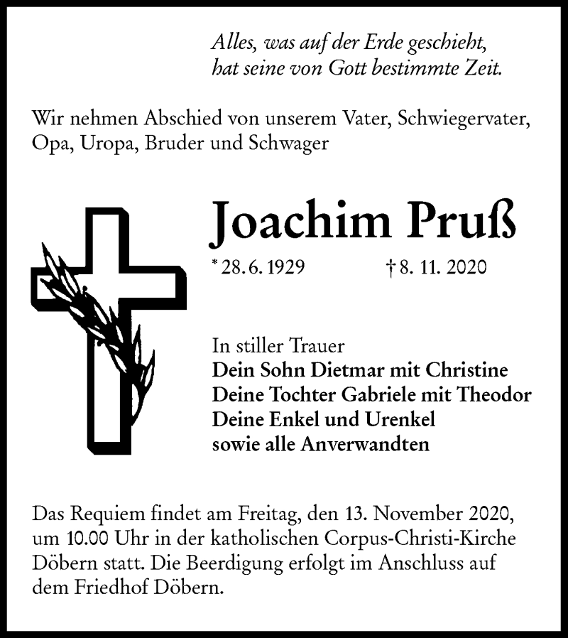  Traueranzeige für Joachim Pruß vom 10.11.2020 aus lausitzer_rundschau