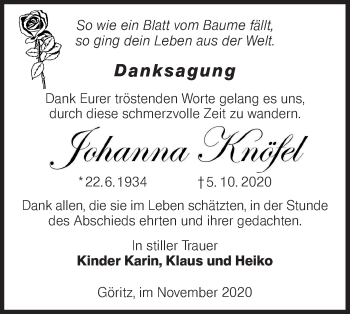 Traueranzeige von Johanna Knöfel von lausitzer_rundschau