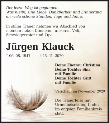 Traueranzeige von Jürgen Klauck von lausitzer_rundschau