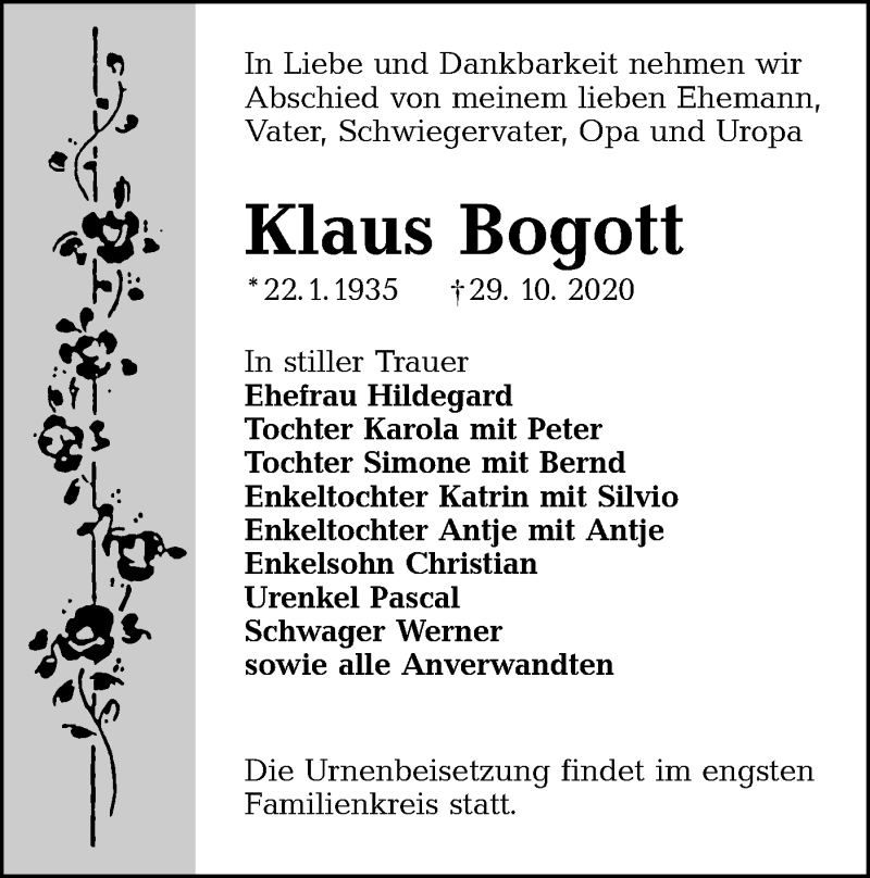  Traueranzeige für Klaus Bogott vom 07.11.2020 aus lausitzer_rundschau