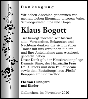 Traueranzeige von Klaus Bogott von lausitzer_rundschau