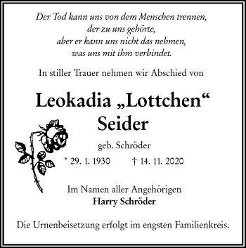 Traueranzeige von Leokadia Seider von lausitzer_rundschau