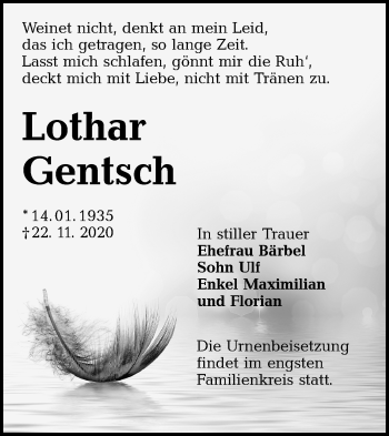 Traueranzeige von Lothar Gentsch von lausitzer_rundschau