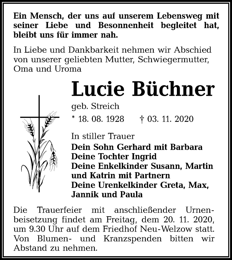  Traueranzeige für Lucie Büchner vom 07.11.2020 aus lausitzer_rundschau