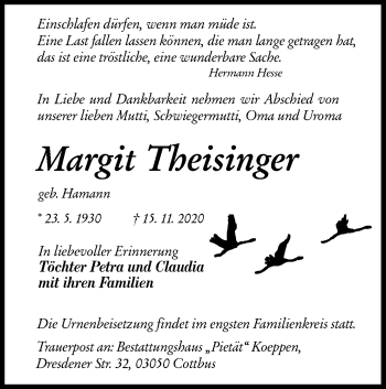 Traueranzeige von Margit Theisinger von lausitzer_rundschau