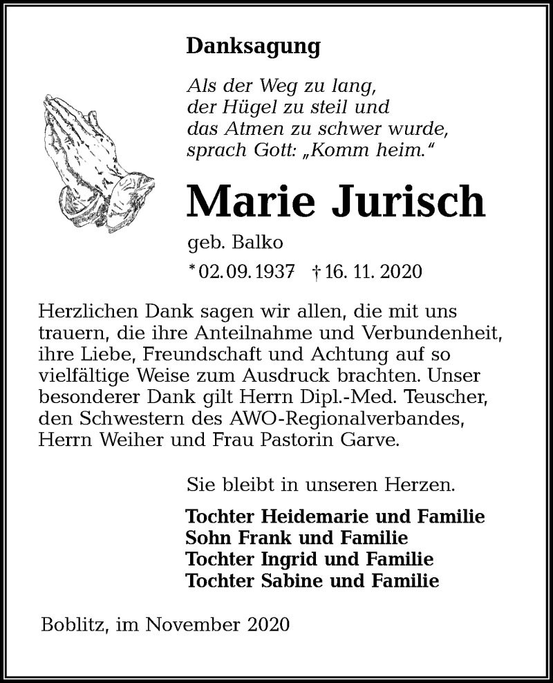  Traueranzeige für Marie Jurisch vom 28.11.2020 aus lausitzer_rundschau