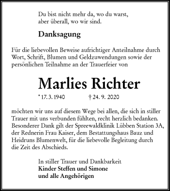 Traueranzeige von Marlies Richter von lausitzer_rundschau