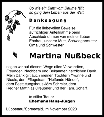 Traueranzeige von Martina Nußbeck von lausitzer_rundschau