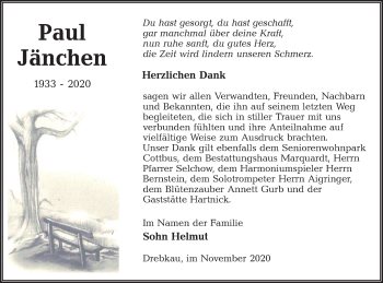 Traueranzeige von Paul Jänchen von lausitzer_rundschau