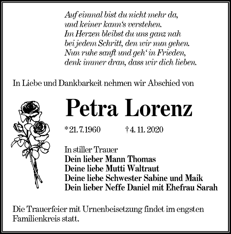  Traueranzeige für Petra Lorenz vom 11.11.2020 aus lausitzer_rundschau