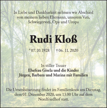 Traueranzeige von Rudi Kloß von lausitzer_rundschau