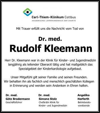 Traueranzeige von Rudolf Kleemann von lausitzer_rundschau