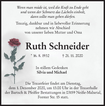 Traueranzeige von Ruth Schneider von lausitzer_rundschau