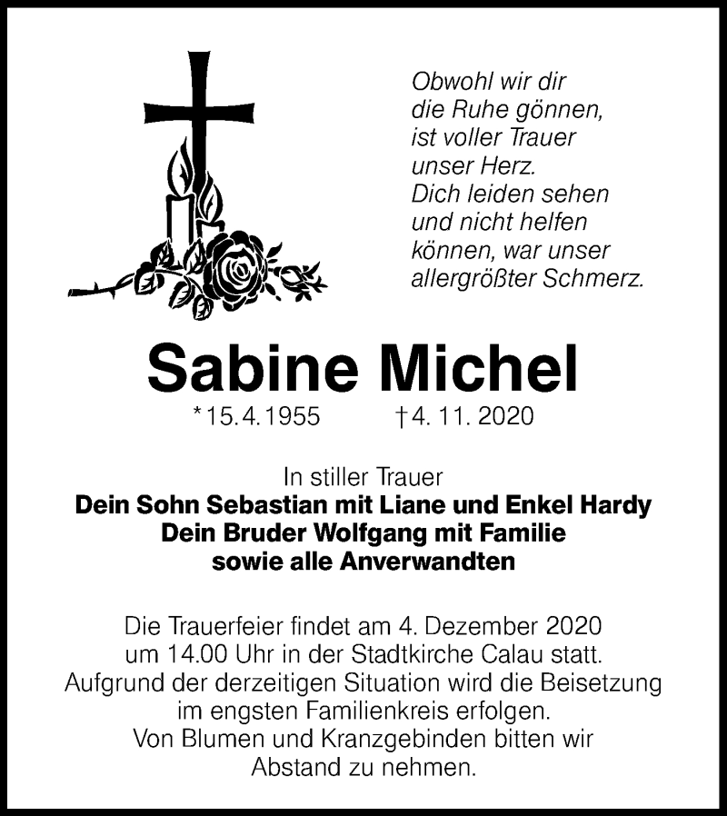  Traueranzeige für Sabine Michel vom 21.11.2020 aus lausitzer_rundschau