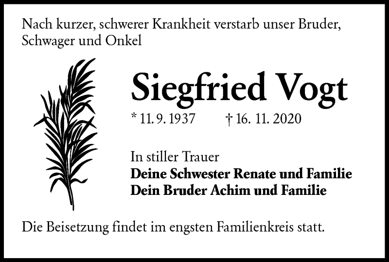  Traueranzeige für Siegfried Vogt vom 28.11.2020 aus lausitzer_rundschau
