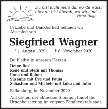 Traueranzeige von Siegfried Wagner von lausitzer_rundschau