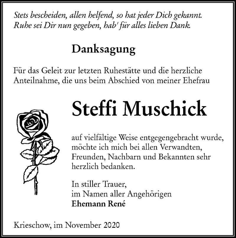  Traueranzeige für Steffi Muschick vom 28.11.2020 aus lausitzer_rundschau