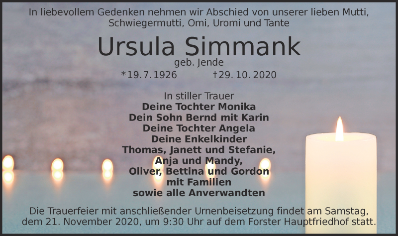  Traueranzeige für Ursula Simmank vom 14.11.2020 aus lausitzer_rundschau