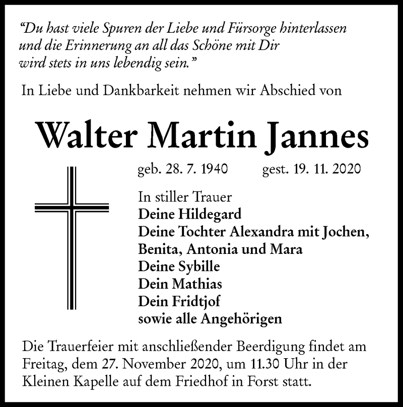  Traueranzeige für Walter Martin Jannes vom 25.11.2020 aus lausitzer_rundschau