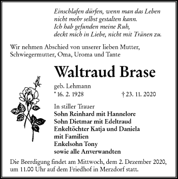 Traueranzeige von Waltraud Brase von lausitzer_rundschau