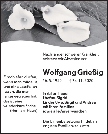 Traueranzeige von Wolfgang Grießig von lausitzer_rundschau