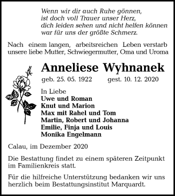 Traueranzeige von Anneliese Wyhnanek von lausitzer_rundschau