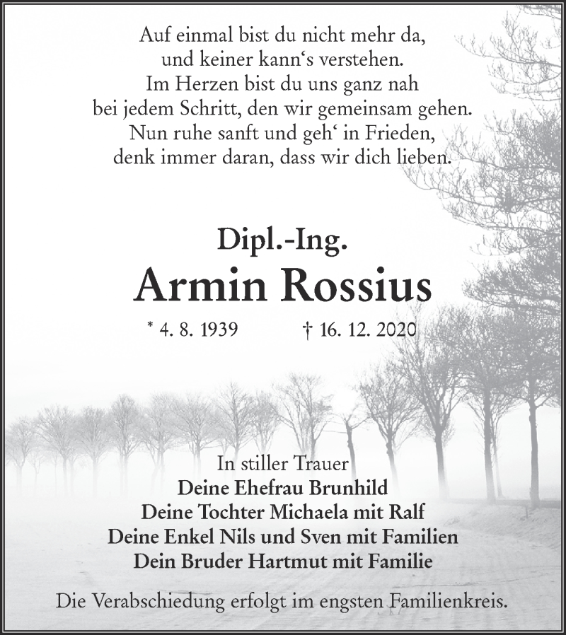  Traueranzeige für Armin Rossius vom 19.12.2020 aus lausitzer_rundschau