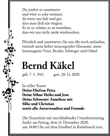Traueranzeige von Bernd Käkel von lausitzer_rundschau