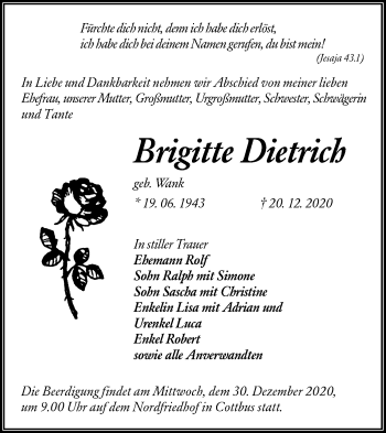 Traueranzeige von Brigitte Dietrich von lausitzer_rundschau