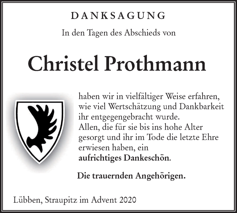  Traueranzeige für Christel Prothmann vom 19.12.2020 aus lausitzer_rundschau