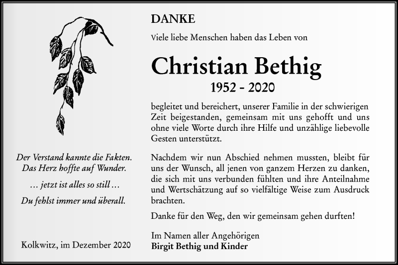  Traueranzeige für Christian Bethig vom 19.12.2020 aus lausitzer_rundschau