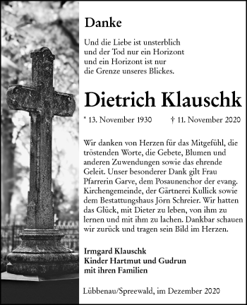 Traueranzeige von Dietrich Klauschk von lausitzer_rundschau