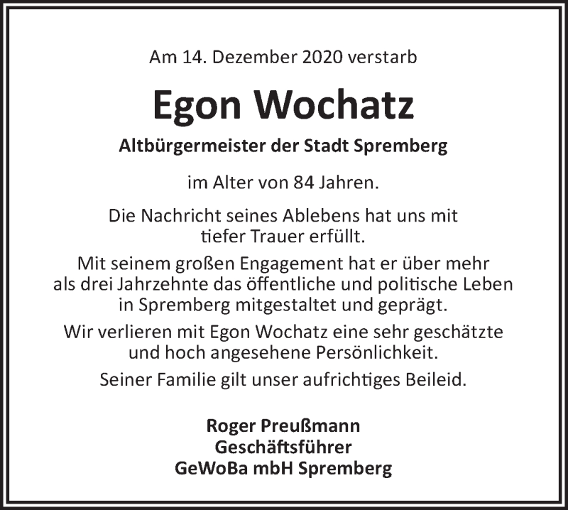  Traueranzeige für Egon Wochatz vom 19.12.2020 aus lausitzer_rundschau