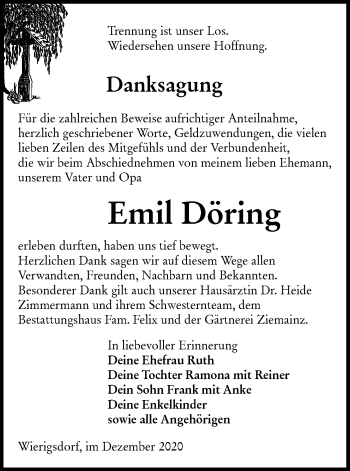 Traueranzeige von Emil Döring von lausitzer_rundschau
