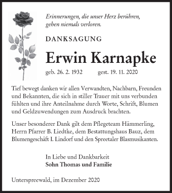 Traueranzeige von Erwin Karnapke von lausitzer_rundschau
