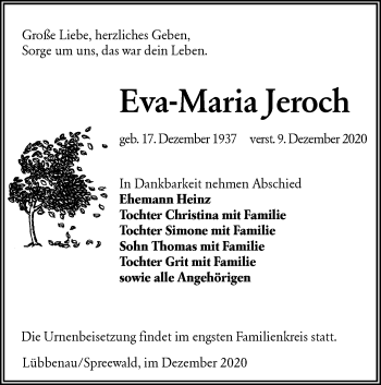 Traueranzeige von Eva-Maria Jeroch von lausitzer_rundschau