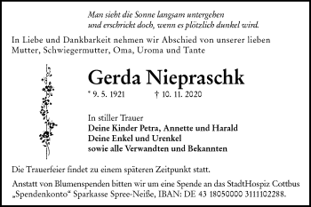 Traueranzeige von Gerda Niepraschk von lausitzer_rundschau