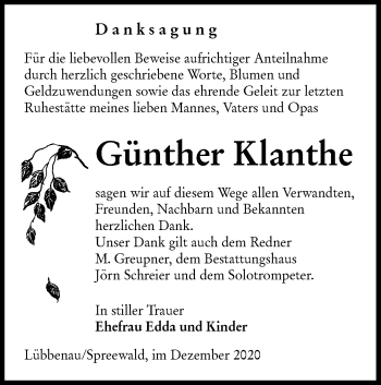 Traueranzeige von Günther Klanthe von lausitzer_rundschau