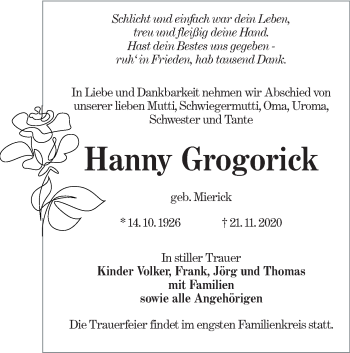 Traueranzeige von Hanny Grogorick von lausitzer_rundschau