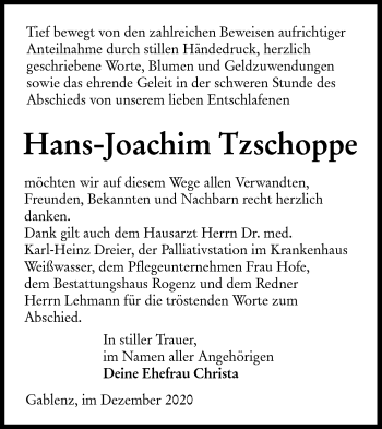 Traueranzeige von Hans-Joachim Tzschoppe von lausitzer_rundschau