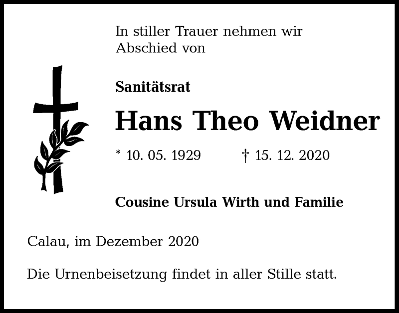  Traueranzeige für Hans Theo Weidner vom 23.12.2020 aus lausitzer_rundschau