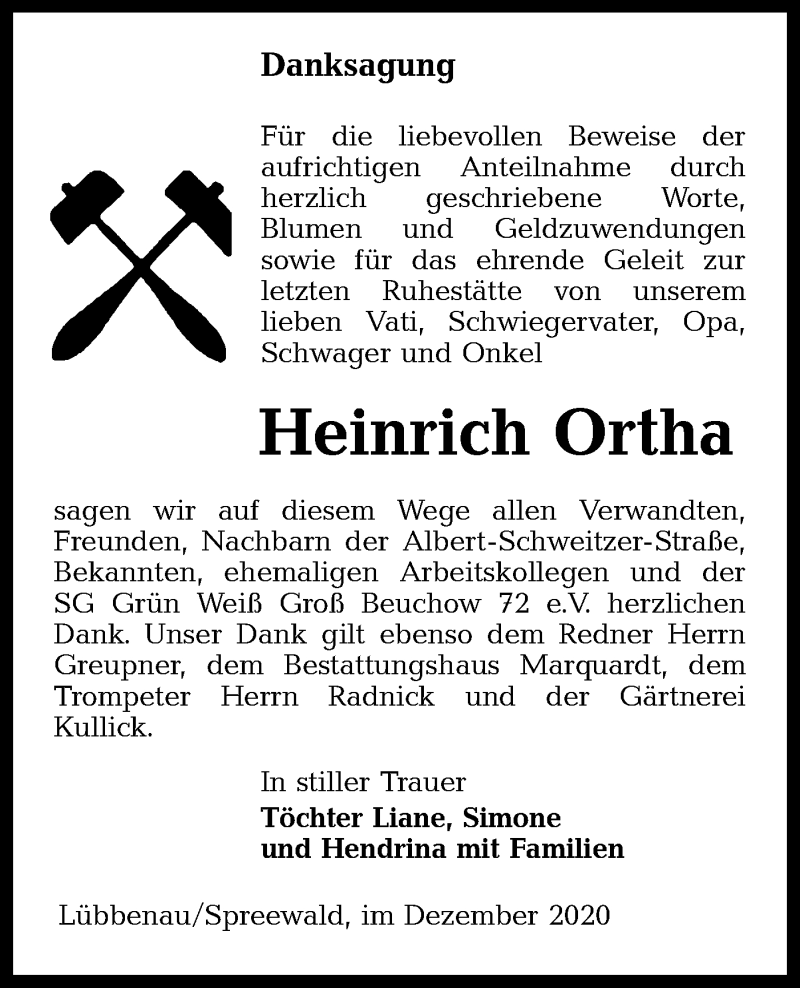  Traueranzeige für Heinrich Ortha vom 24.12.2020 aus lausitzer_rundschau