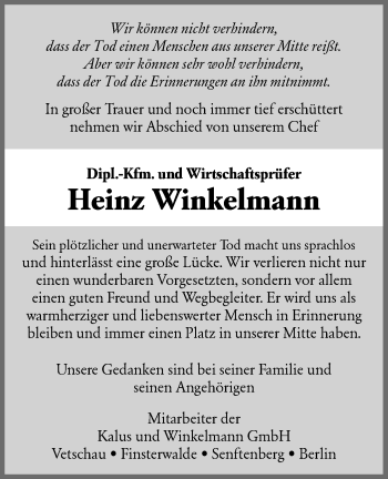 Traueranzeige von Heinz Winkelmann von lausitzer_rundschau
