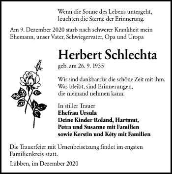 Traueranzeige von Herbert Schlechta von lausitzer_rundschau