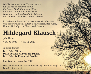 Traueranzeige von Hildegard Klausch von lausitzer_rundschau